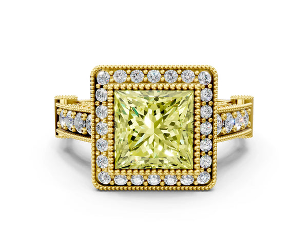 Yellow Gold Princess Cut Vintage Bezel Halo Engagement Ring Setting for Fancy Yellow Center