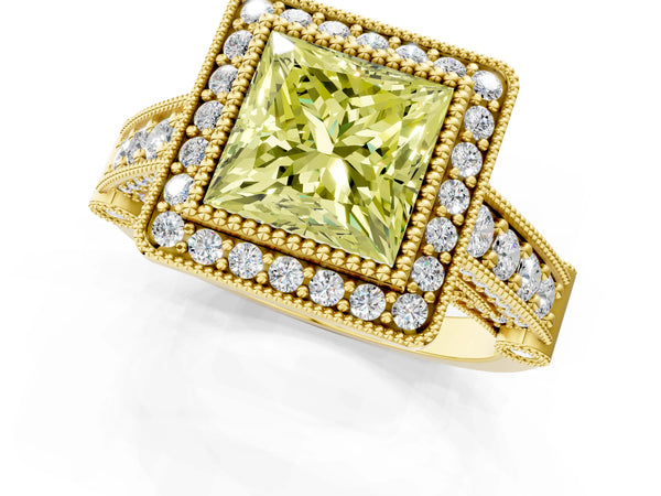 Yellow Gold Princess Cut Vintage Bezel Halo Engagement Ring Setting for Fancy Yellow Center