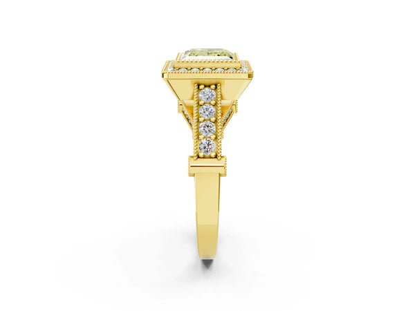 Yellow Gold Princess Cut Vintage Bezel Halo Engagement Ring Setting for Fancy Yellow Center