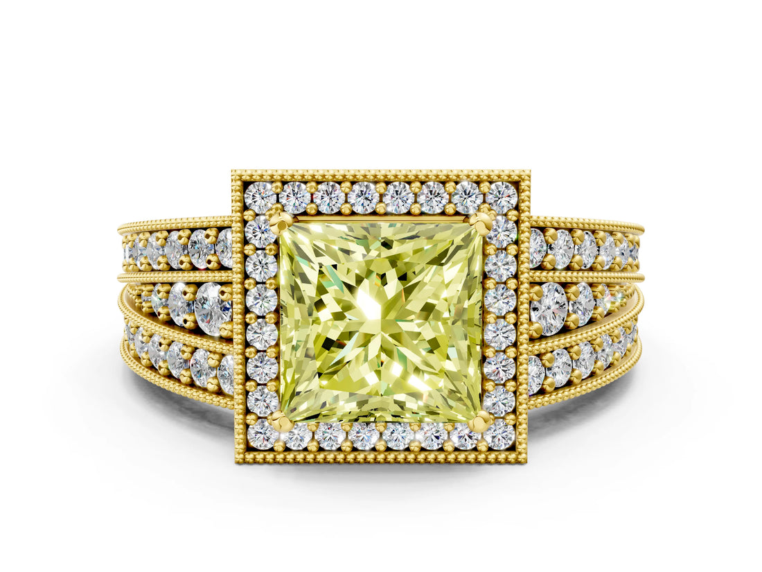 Yellow gold Fancy Yellow Princess Cut Halo Diamond Split Shank Ring with Prong Setting