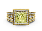 Yellow gold Fancy Yellow Princess Cut Halo Diamond Split Shank Ring with Prong Setting