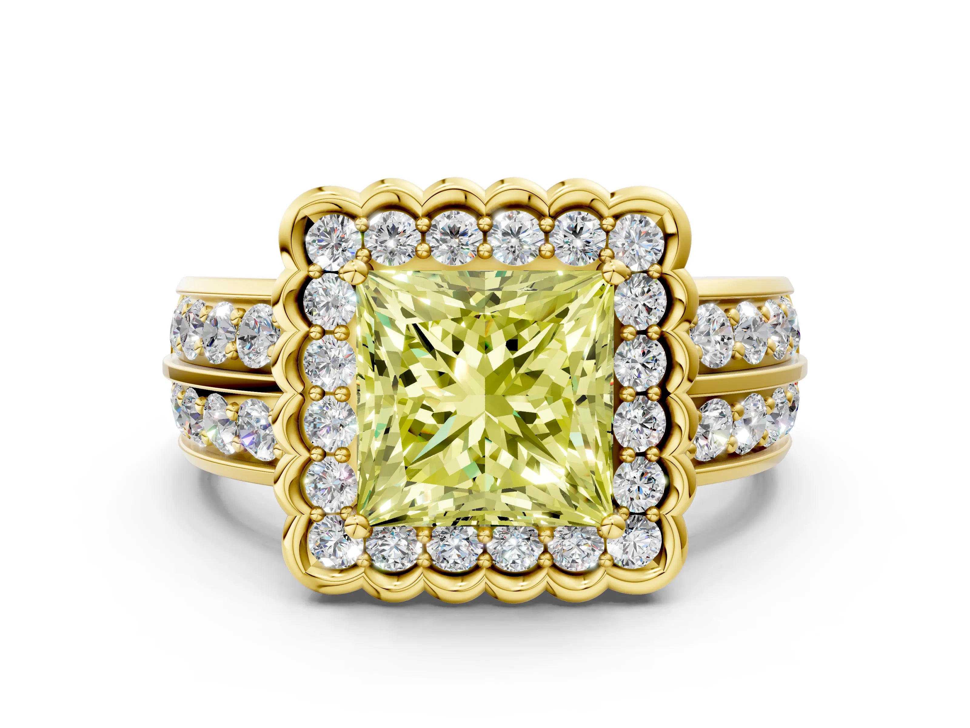 Yellow gold Fancy Yellow Princess Cut Halo Diamond Split Shank Ring with Scalloped Prong Setting