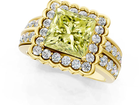 Yellow gold Fancy Yellow Princess Cut Halo Diamond Split Shank Ring with Scalloped Prong Setting_1