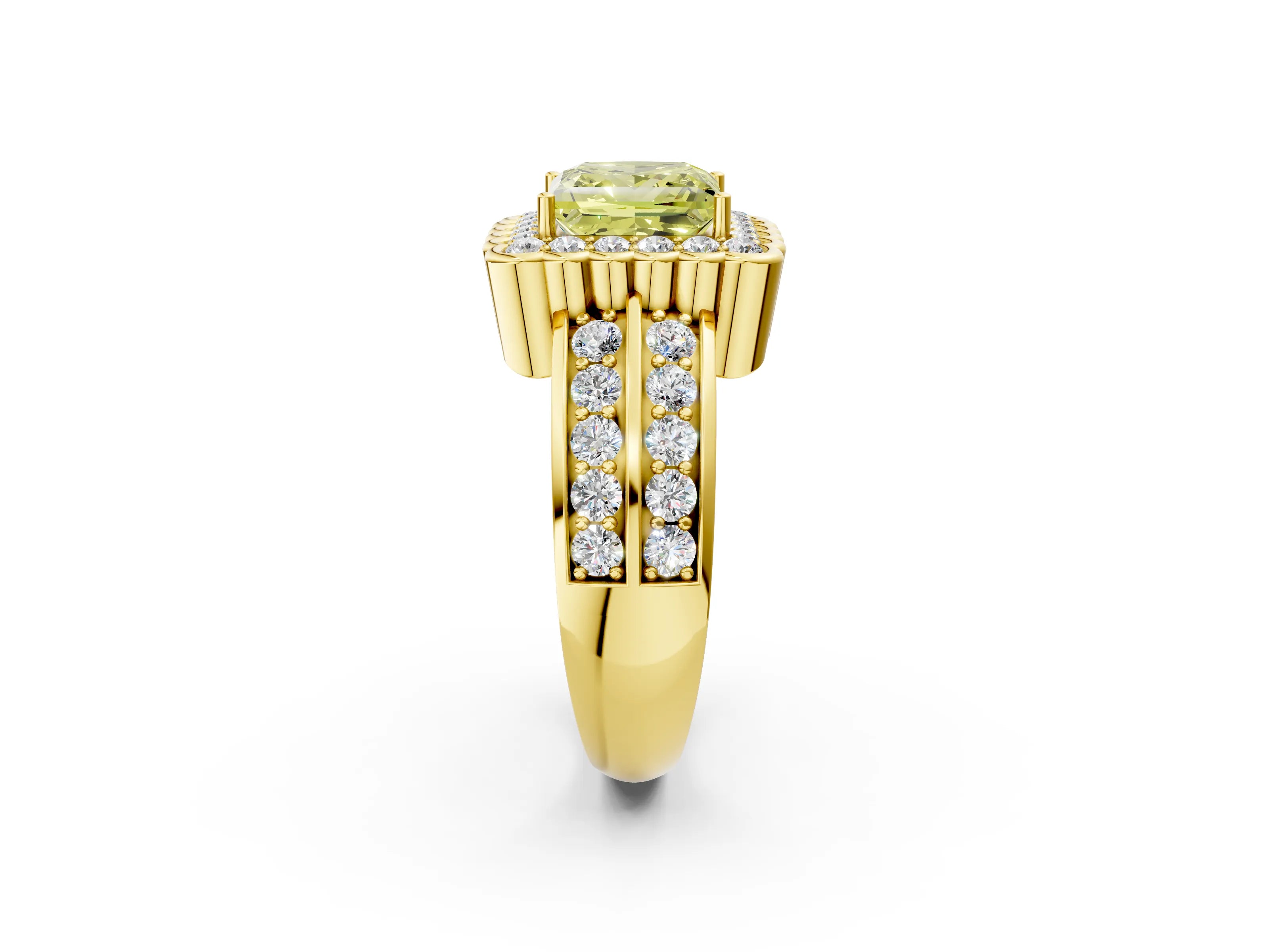 Yellow gold Fancy Yellow Princess Cut Halo Diamond Split Shank Ring with Scalloped Prong Setting_2