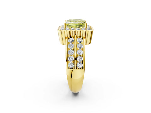 Yellow gold Fancy Yellow Princess Cut Halo Diamond Split Shank Ring with Scalloped Prong Setting_2