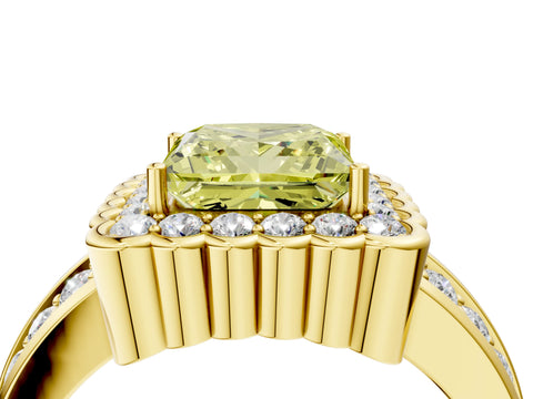 Yellow gold Fancy Yellow Princess Cut Halo Diamond Split Shank Ring with Scalloped Prong Setting_4