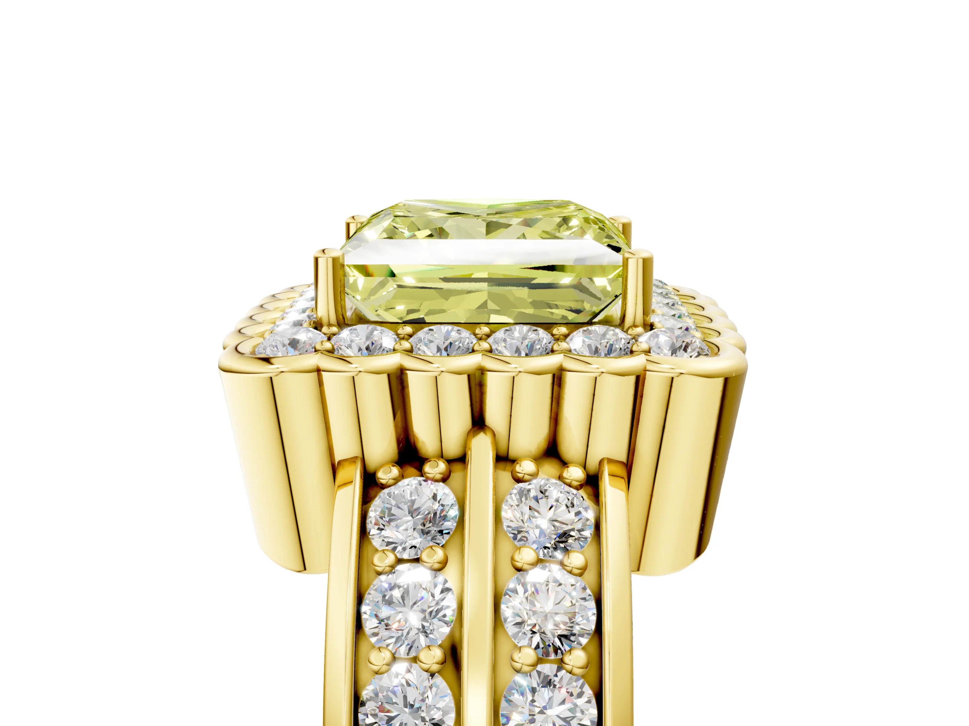 Yellow gold Fancy Yellow Princess Cut Halo Diamond Split Shank Ring with Scalloped Prong Setting_5