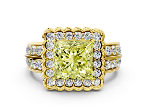 Yellow gold Fancy Yellow Princess Cut Halo Diamond Split Shank Ring with Scalloped Prong Setting