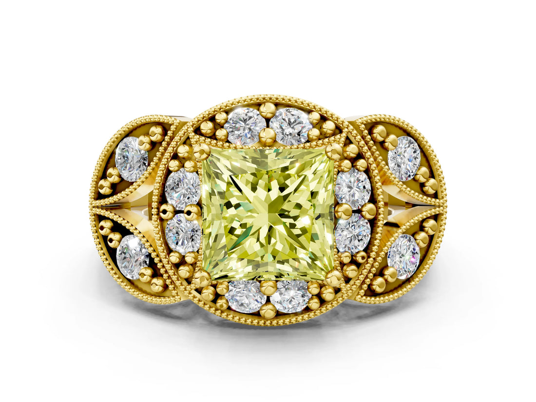 Yellow gold Fancy Yellow Princess Cut Halo Milgrain Diamond Engagement Ring with Leaf Band and Four-Prong Setting