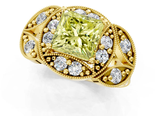 Yellow gold Fancy Yellow Princess Cut Halo Milgrain Diamond Engagement Ring with Leaf Band and Four-Prong Setting