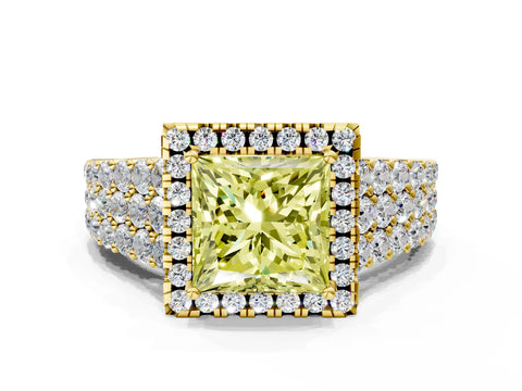 Yellow gold Fancy Yellow Princess Cut Halo Pavé Diamond Engagement Ring with Split Shank and Four-Prong Setting_3