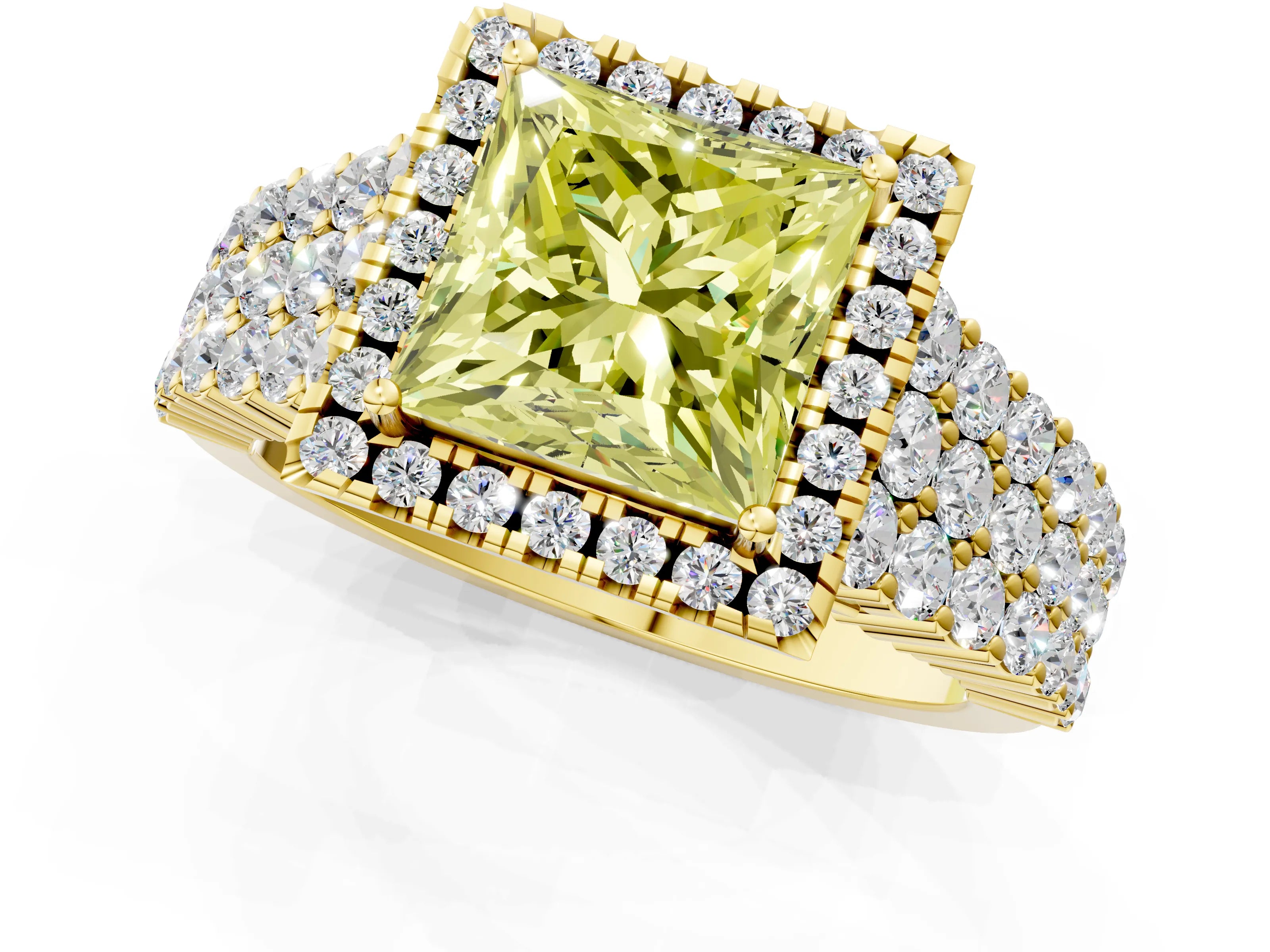 Yellow gold Fancy Yellow Princess Cut Halo Pavé Diamond Engagement Ring with Split Shank and Four-Prong Setting_4