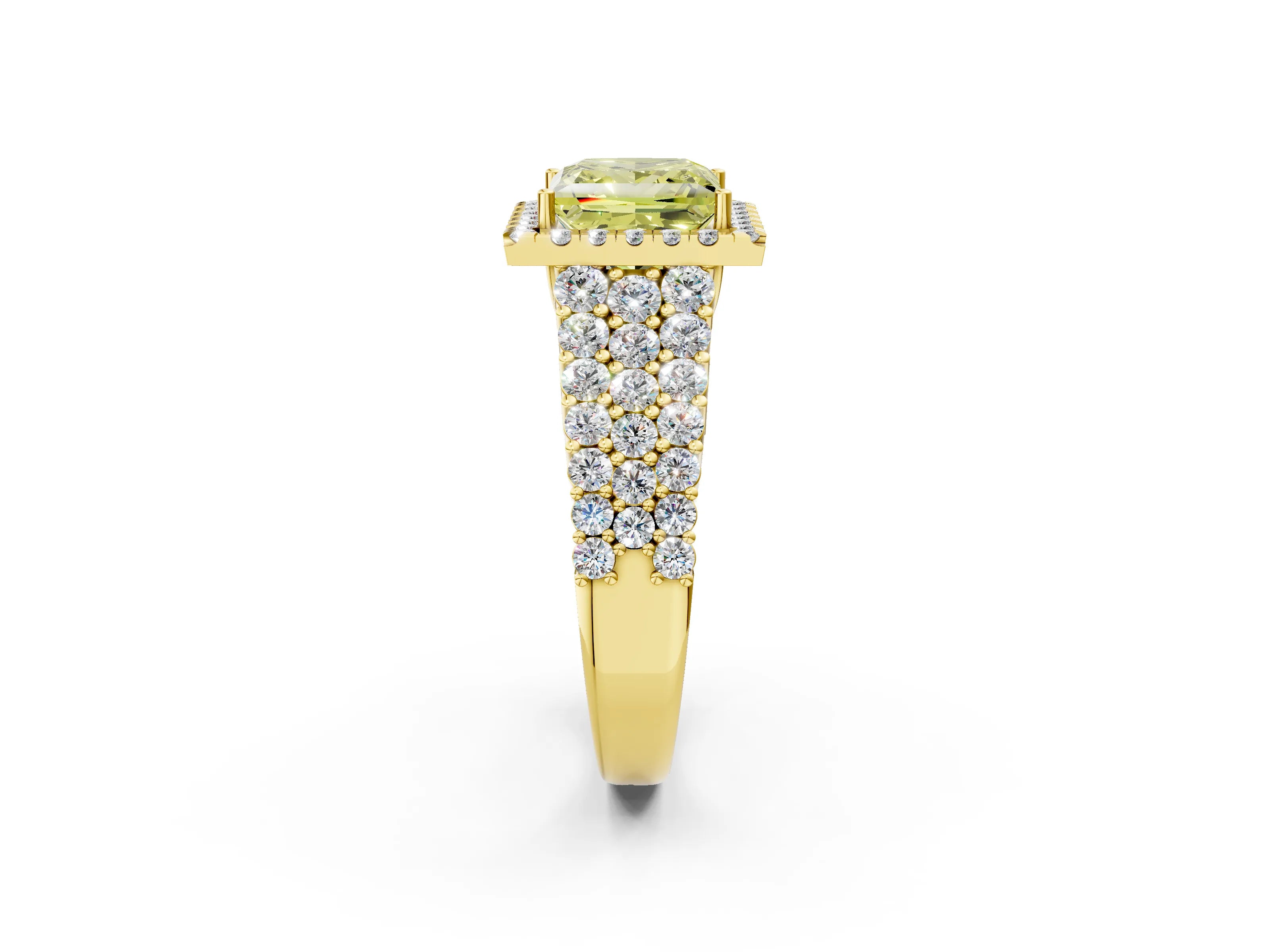 Yellow gold Fancy Yellow Princess Cut Halo Pavé Diamond Engagement Ring with Split Shank and Four-Prong Setting_5