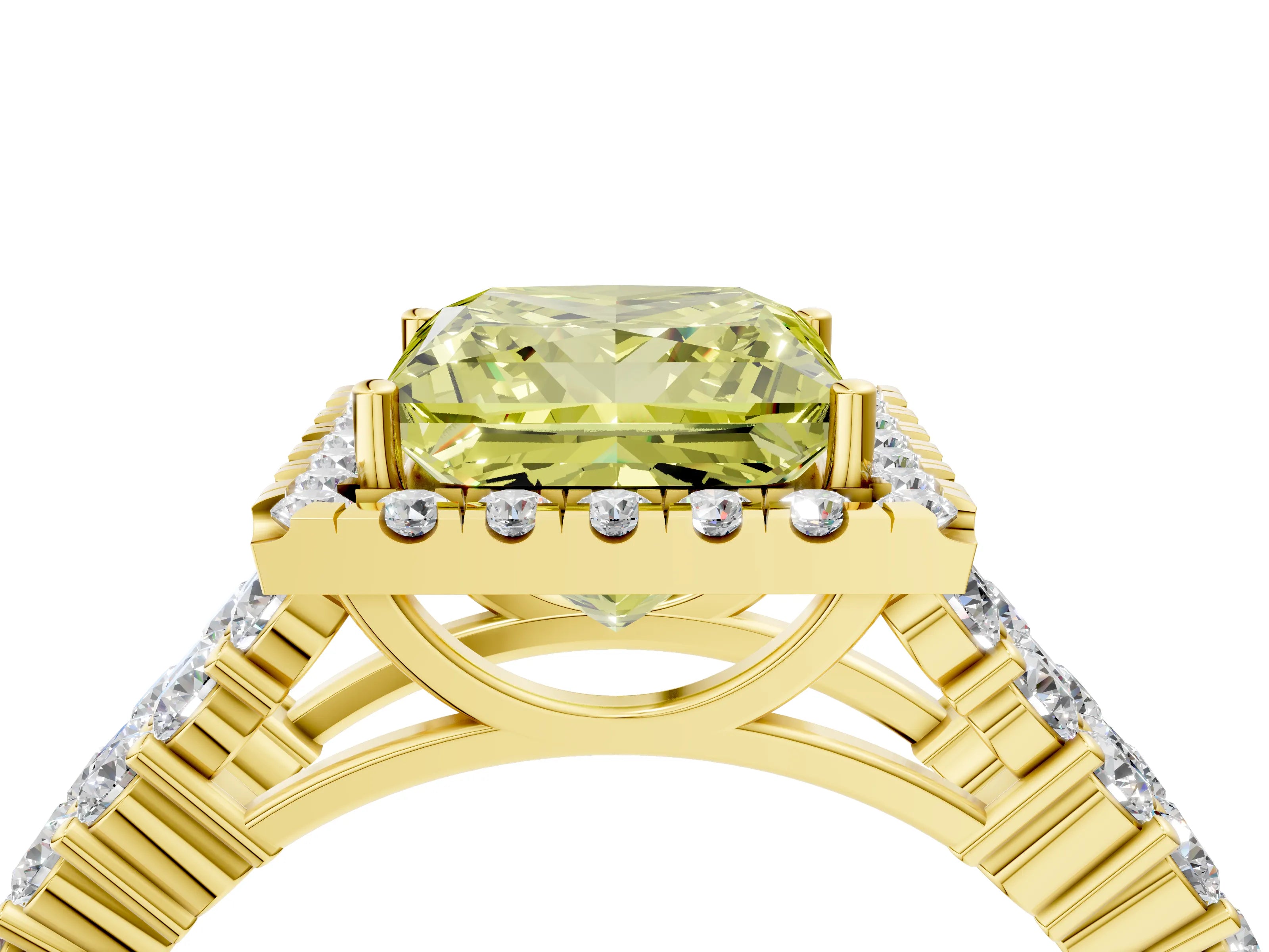 Yellow gold Fancy Yellow Princess Cut Halo Pavé Diamond Engagement Ring with Split Shank and Four-Prong Setting_7