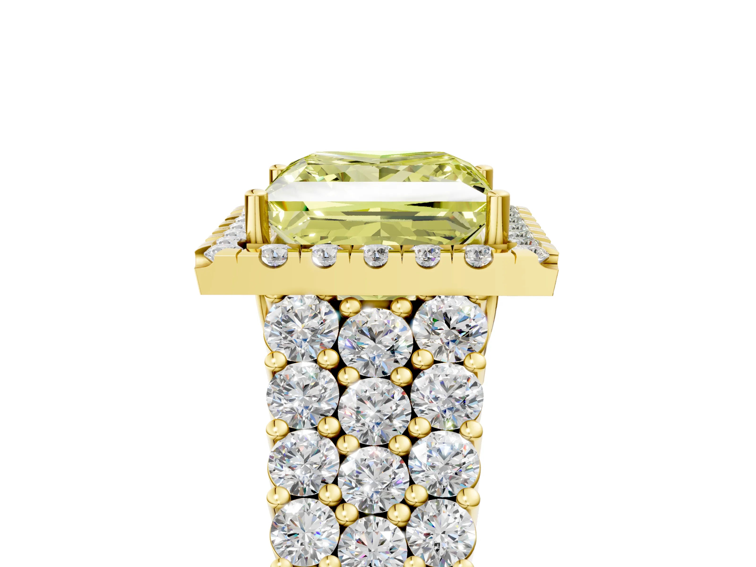 Yellow gold Fancy Yellow Princess Cut Halo Pavé Diamond Engagement Ring with Split Shank and Four-Prong Setting_8