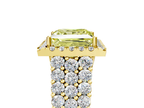 Yellow gold Fancy Yellow Princess Cut Halo Pavé Diamond Engagement Ring with Split Shank and Four-Prong Setting_8