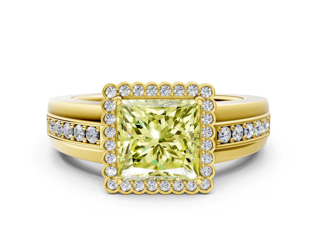 Yellow gold Fancy Yellow Princess  Cut Halo Pave Band Four-Prong Ring_34