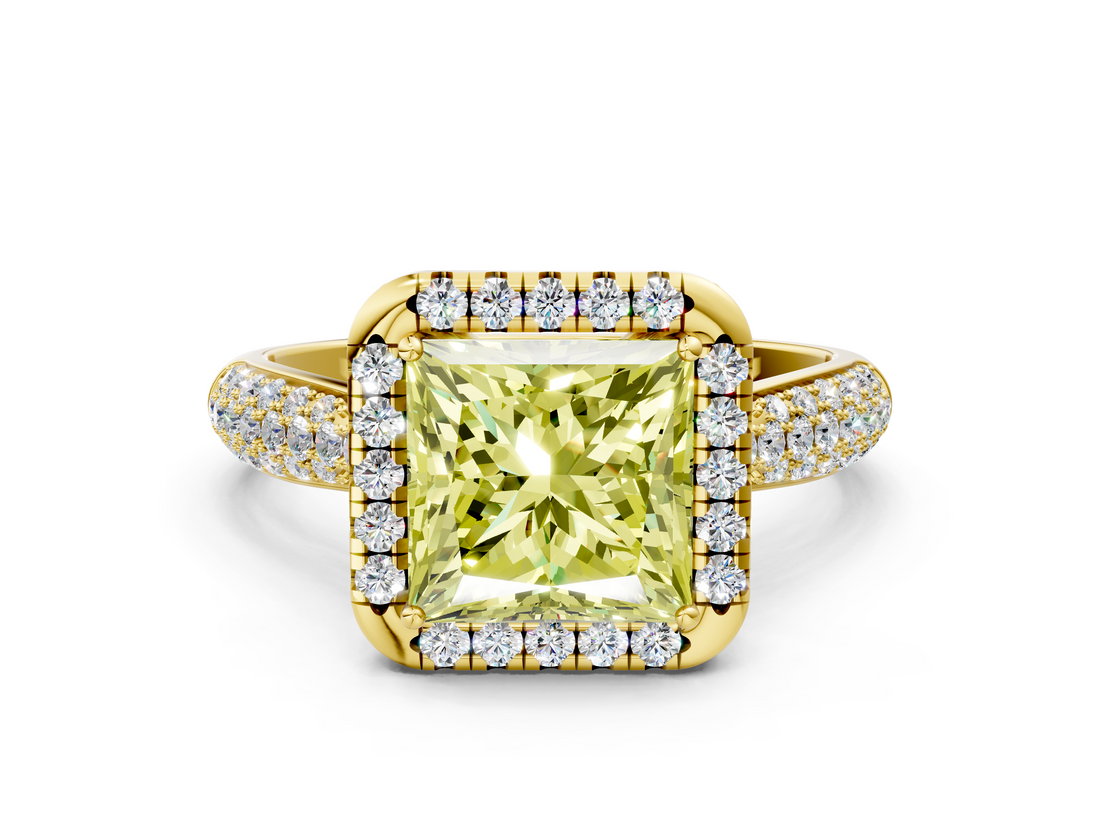 Yellow gold Fancy Yellow Princess  Cut Halo Pave Band Four-Prong Setting Ring