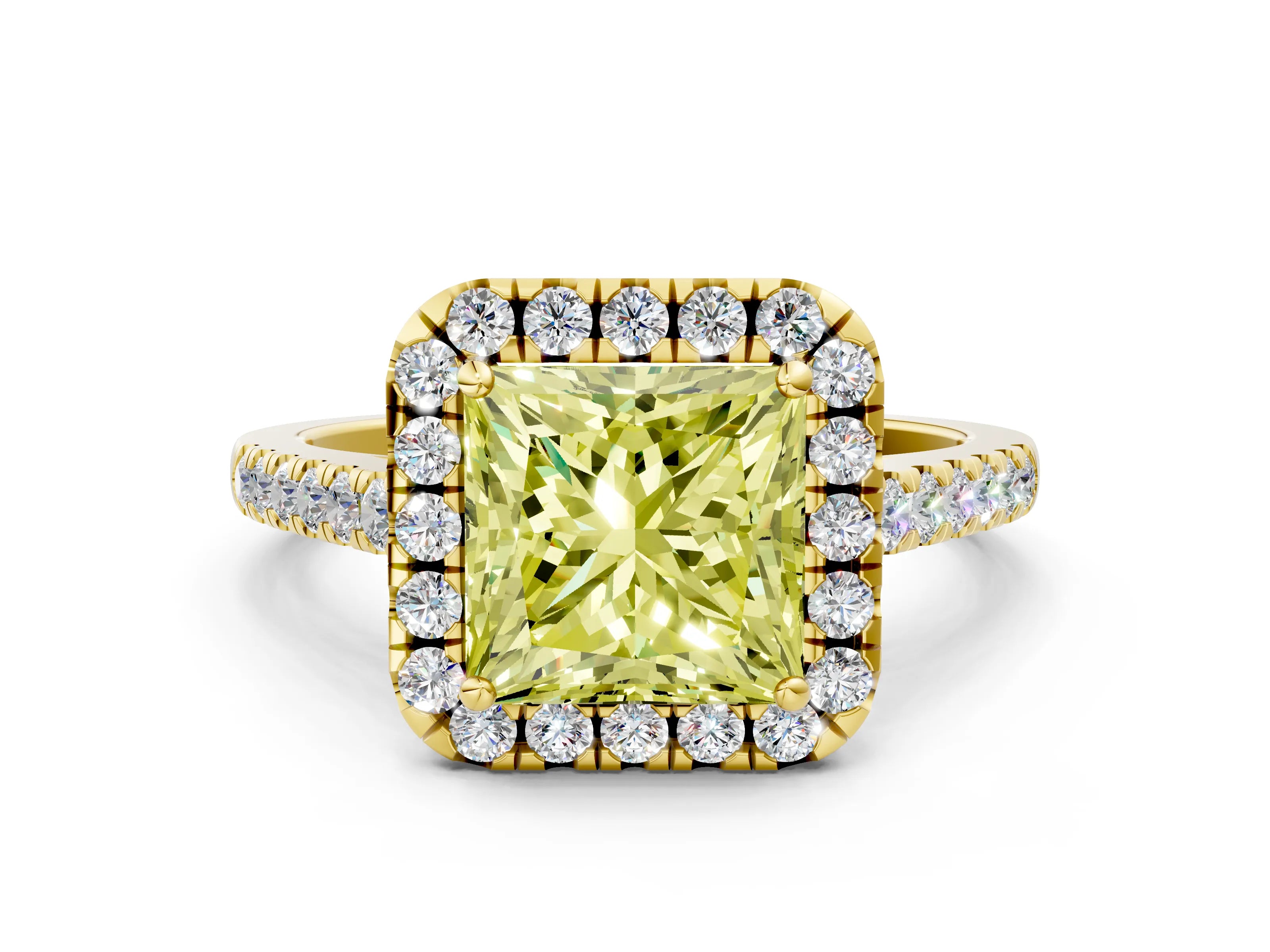 Yellow gold Fancy Yellow Princess Cut Halo Pave Diamond Engagement Ring with Four-Prong Setting