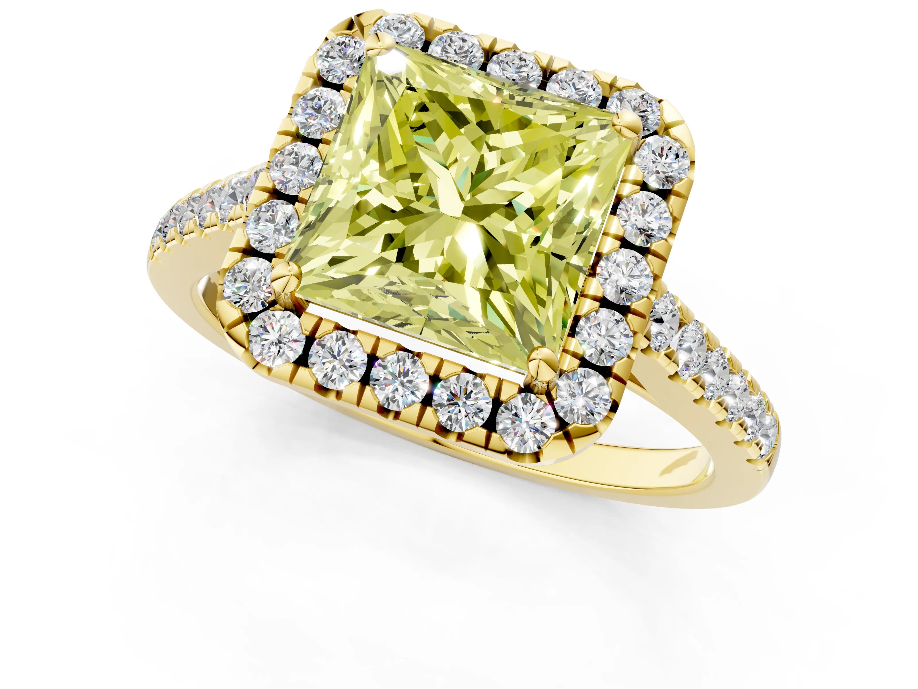 Yellow gold Fancy Yellow Princess Cut Halo Pave Diamond Engagement Ring with Four-Prong Setting_1
