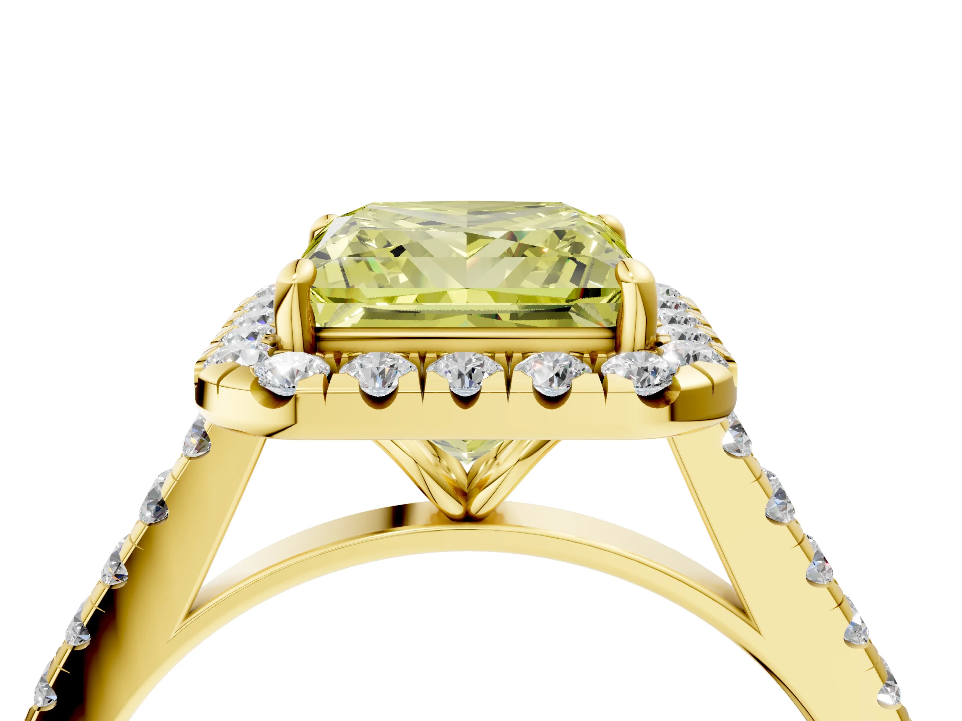 Yellow gold Fancy Yellow Princess Cut Halo Pave Diamond Engagement Ring with Four-Prong Setting_4
