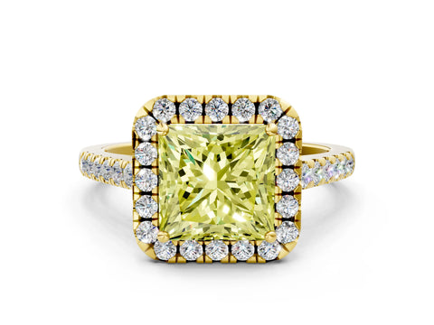 Yellow gold Fancy Yellow Princess Cut Halo Pave Diamond Engagement Ring with Four-Prong Setting