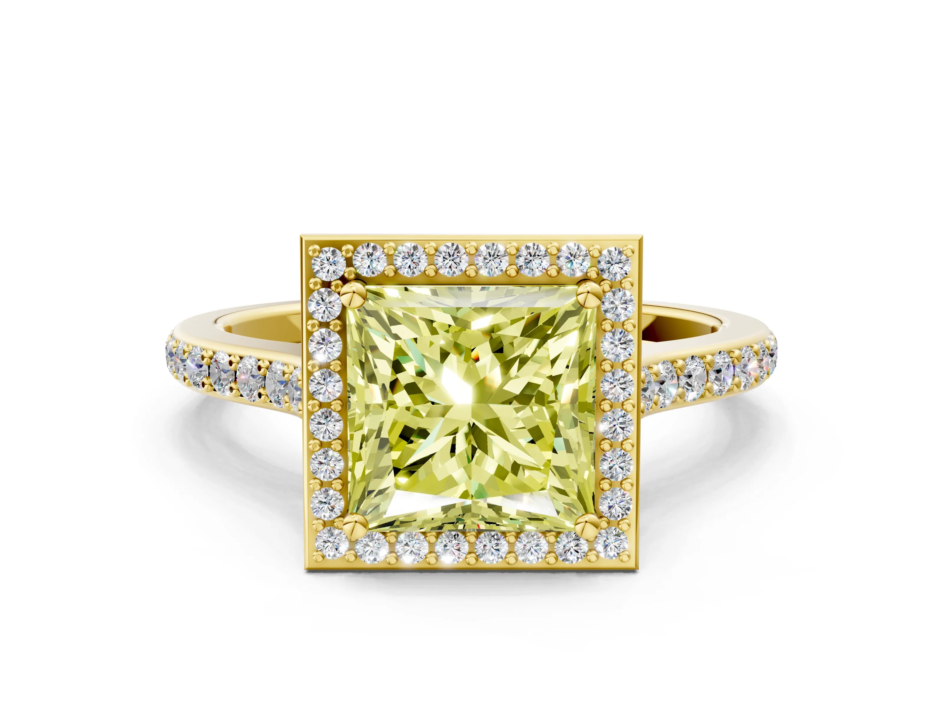 Yellow gold Fancy Yellow Princess Cut Halo Round Diamond Pavé Band with Four-Prong Setting_3