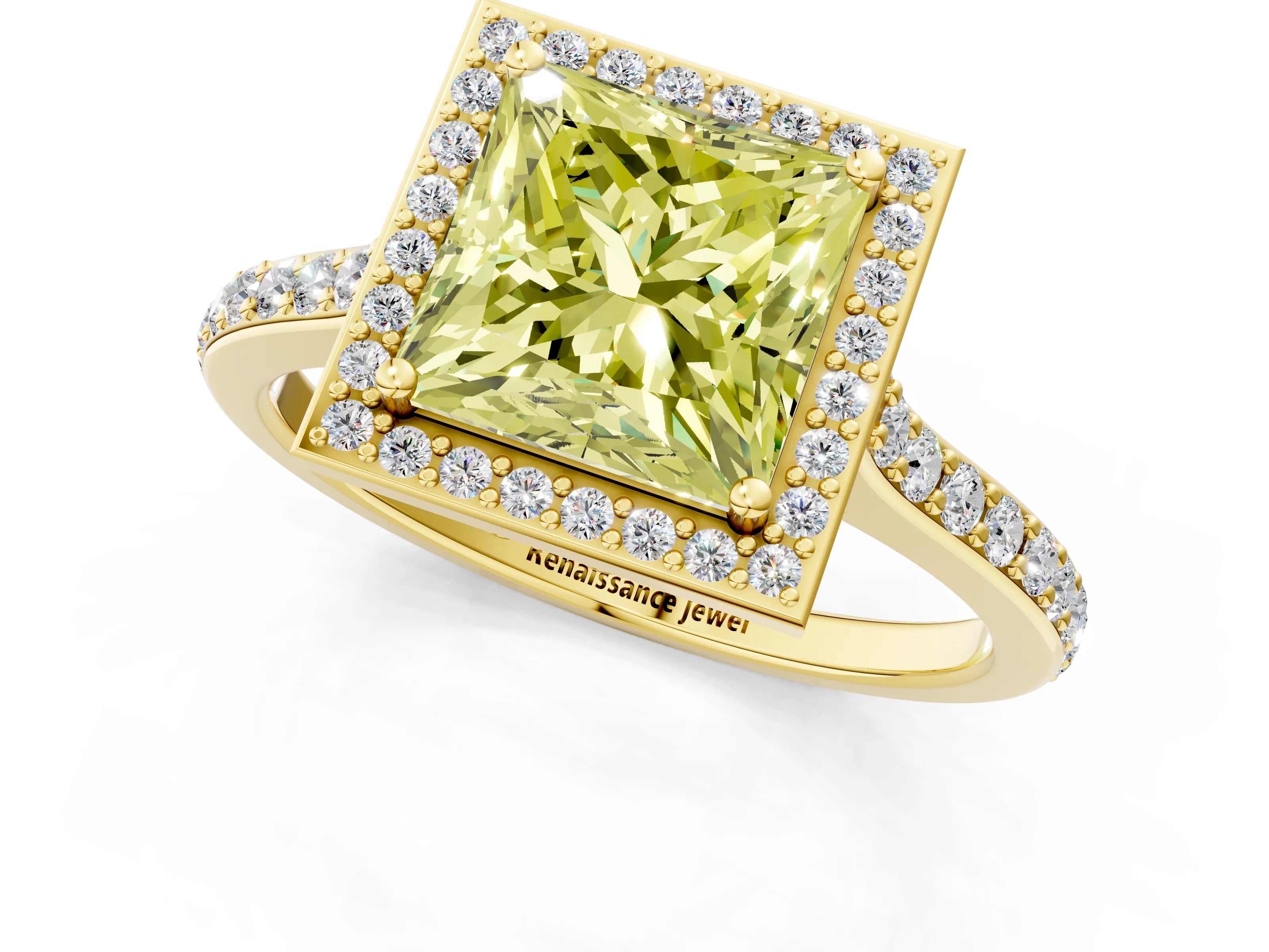 Yellow gold Fancy Yellow Princess Cut Halo Round Diamond Pavé Band with Four-Prong Setting_4