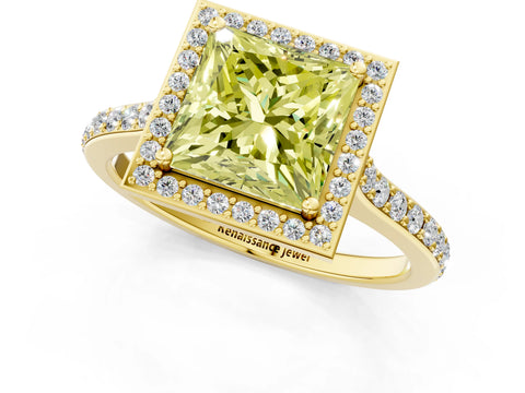 Yellow gold Fancy Yellow Princess Cut Halo Round Diamond Pavé Band with Four-Prong Setting_4