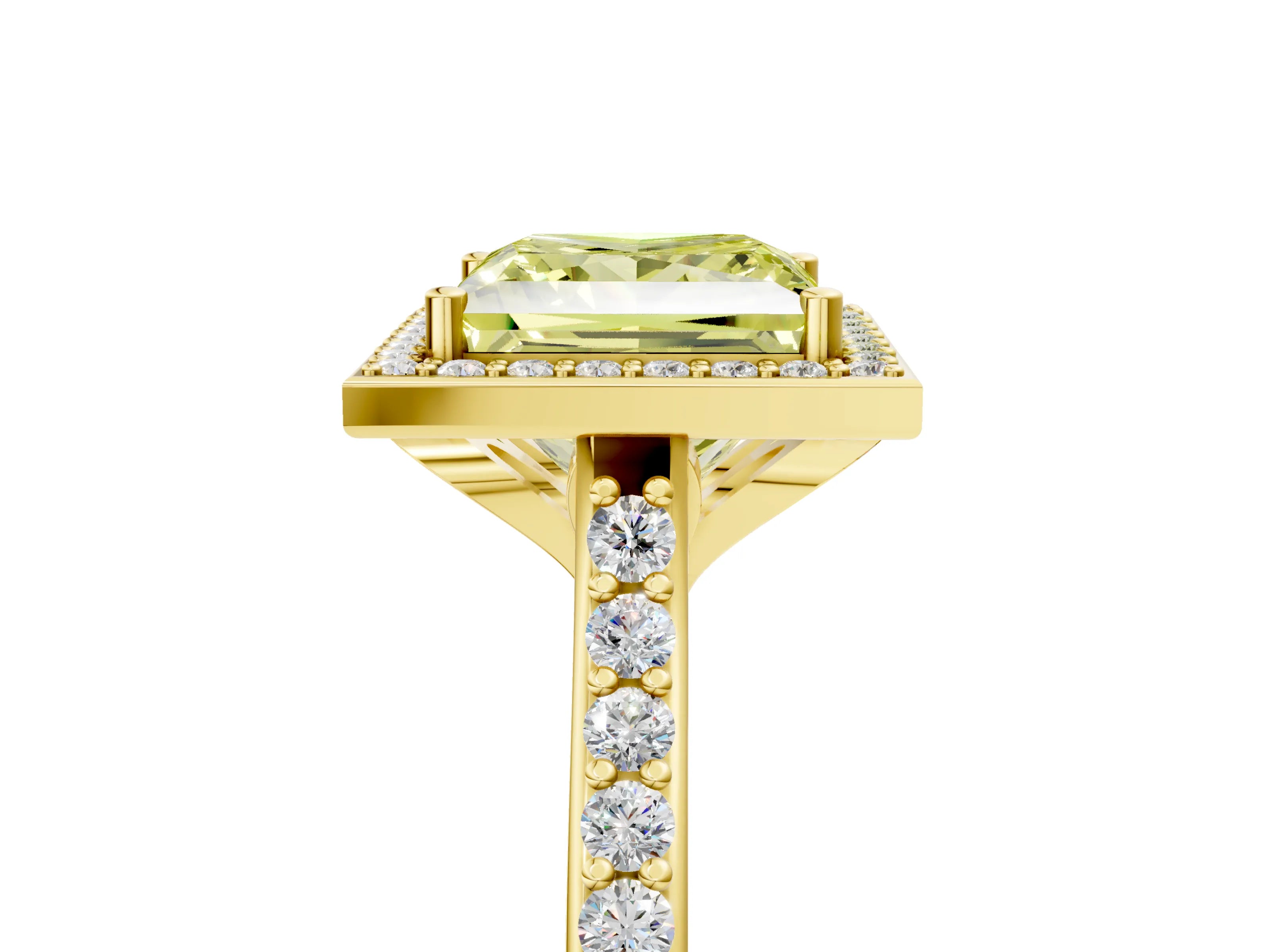 Yellow gold Fancy Yellow Princess Cut Halo Round Diamond Pavé Band with Four-Prong Setting_8