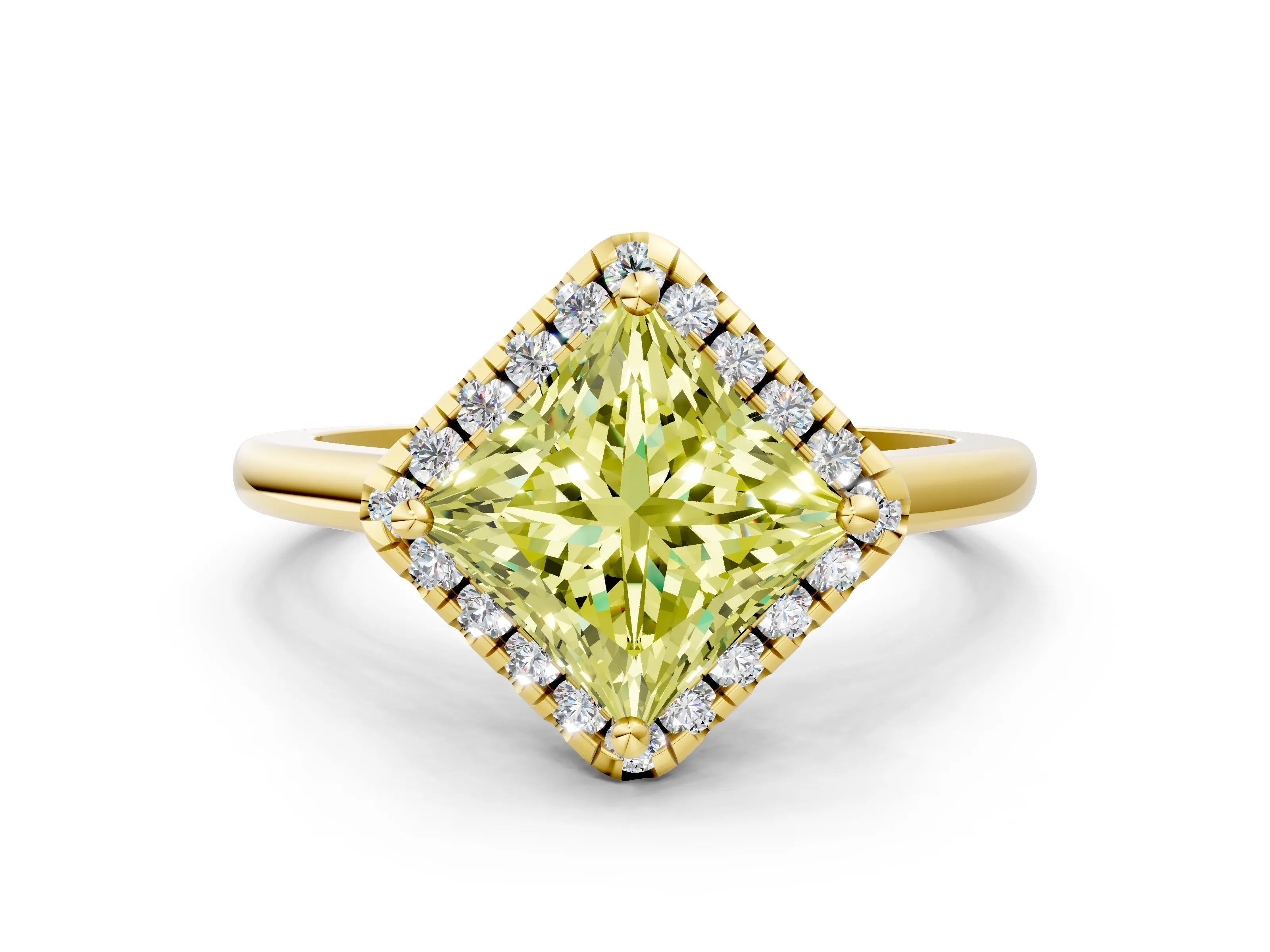 Yellow gold Fancy Yellow Princess Cut Halo Round Diamond Solitaire Engagement Ring with Pave Band and Four-Prong Setting_12