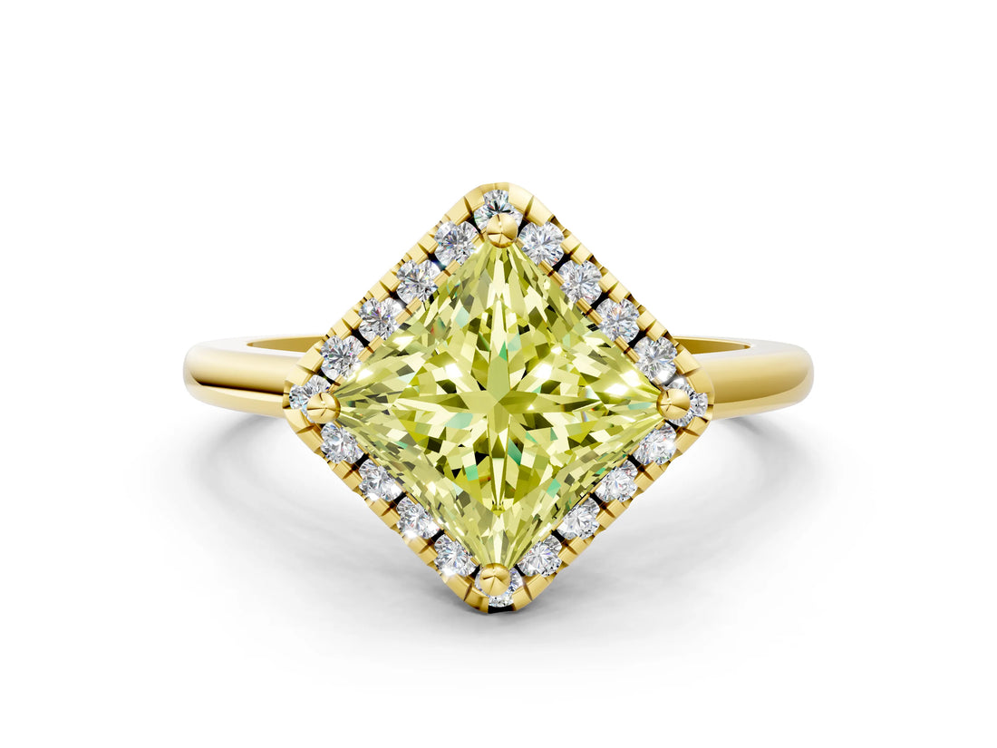 Yellow gold Fancy Yellow Princess Cut Halo Round Diamond Solitaire Engagement Ring with Pave Band and Four-Prong Setting_12