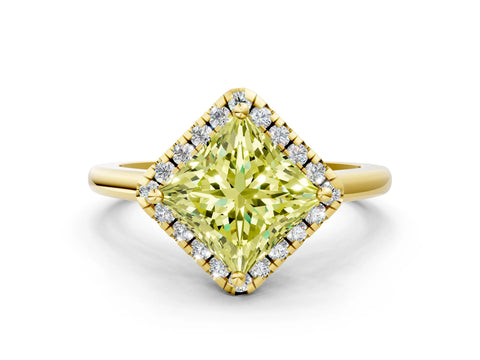 Yellow gold Fancy Yellow Princess Cut Halo Round Diamond Solitaire Engagement Ring with Pave Band and Four-Prong Setting_12