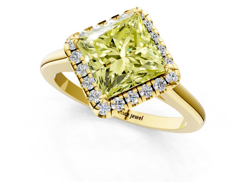 Yellow gold Fancy Yellow Princess Cut Halo Round Diamond Solitaire Engagement Ring with Pave Band and Four-Prong Setting_13