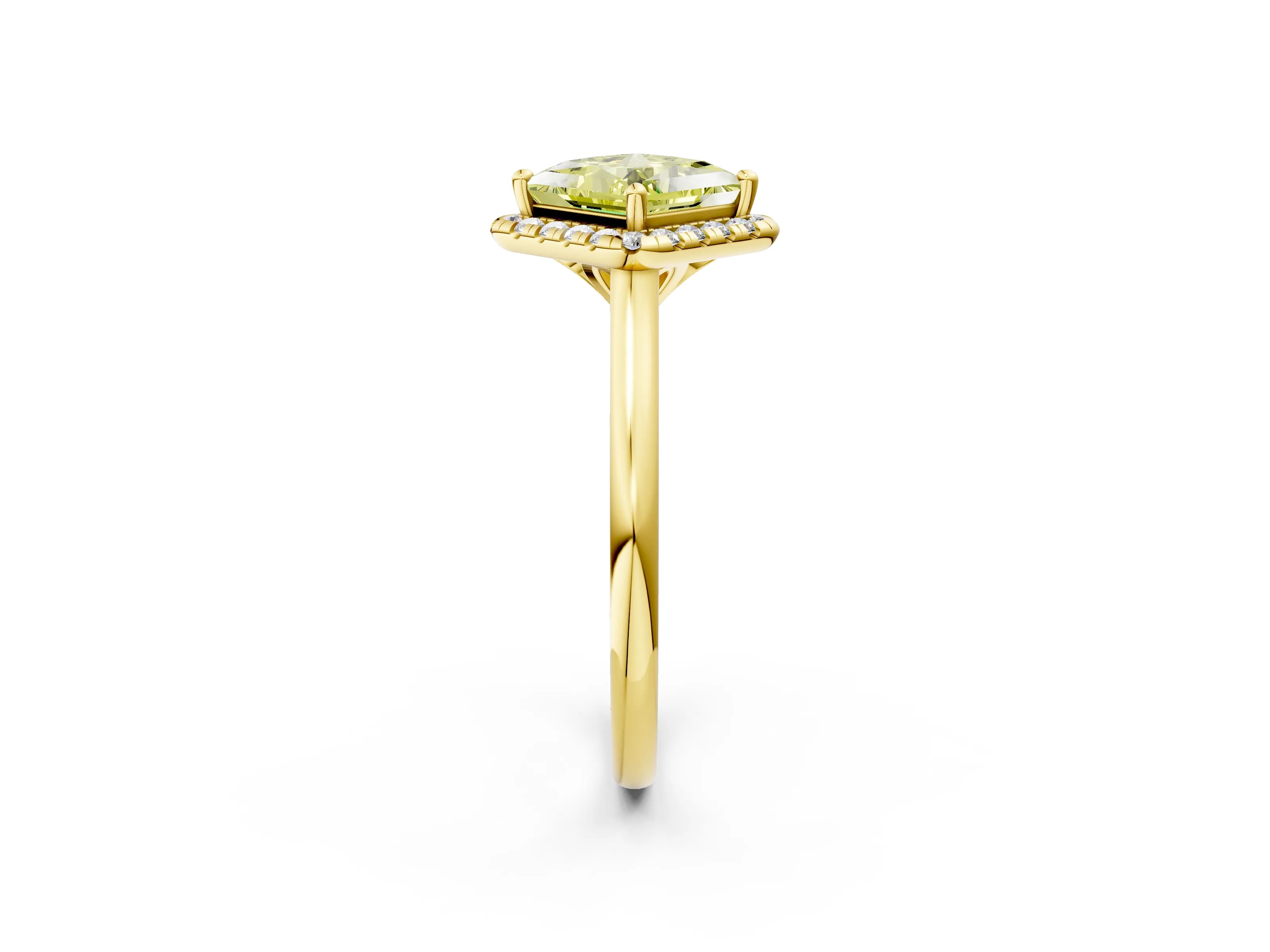 Yellow gold Fancy Yellow Princess Cut Halo Round Diamond Solitaire Engagement Ring with Pave Band and Four-Prong Setting_14