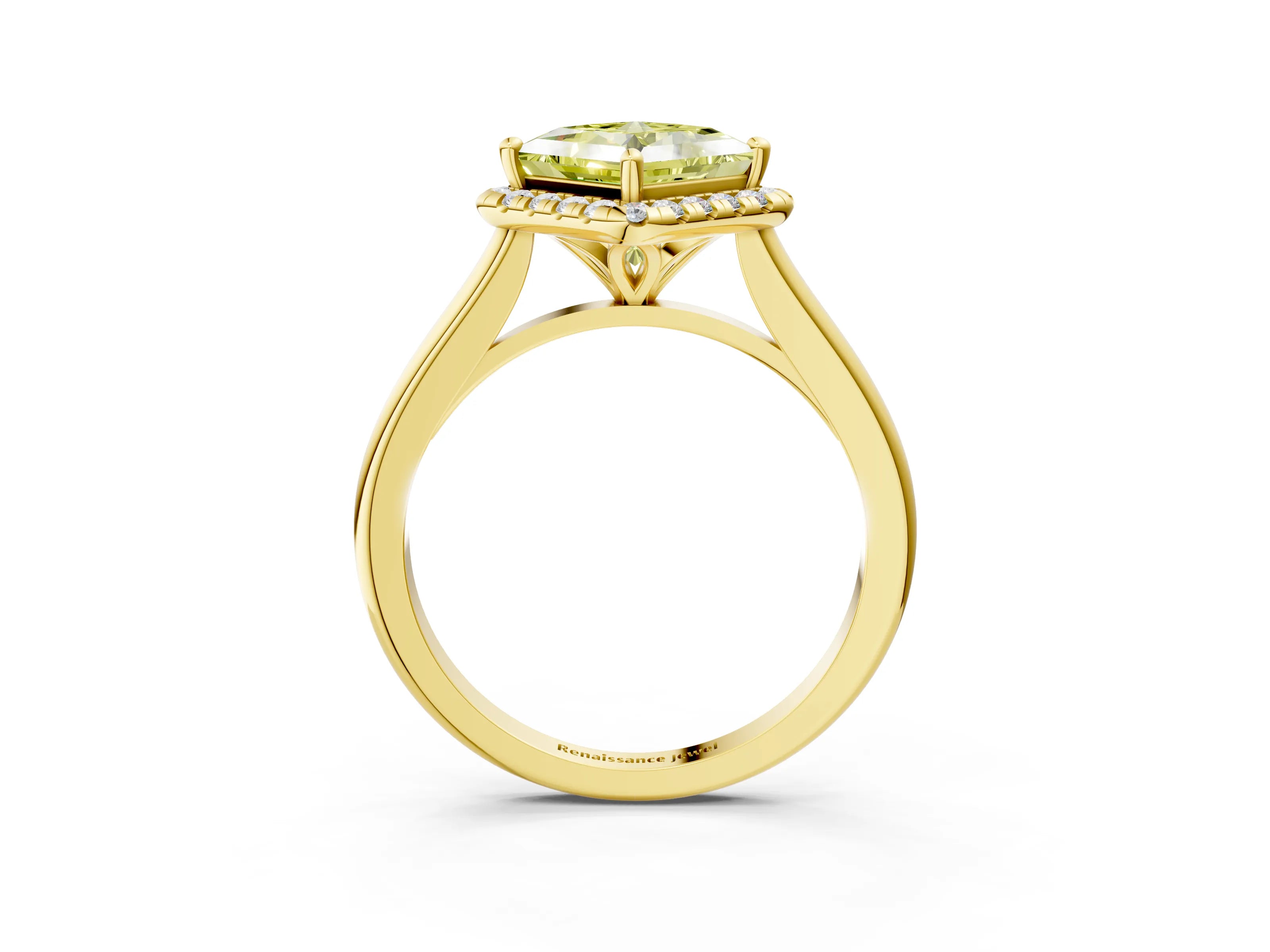 Yellow gold Fancy Yellow Princess Cut Halo Round Diamond Solitaire Engagement Ring with Pave Band and Four-Prong Setting_15