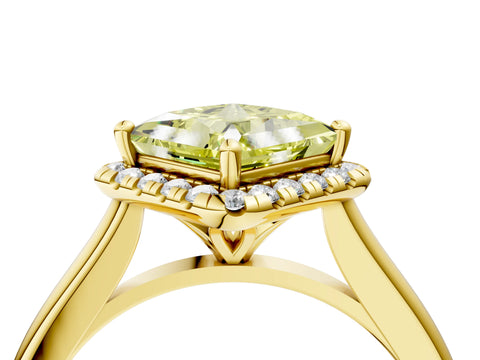 Yellow gold Fancy Yellow Princess Cut Halo Round Diamond Solitaire Engagement Ring with Pave Band and Four-Prong Setting_16