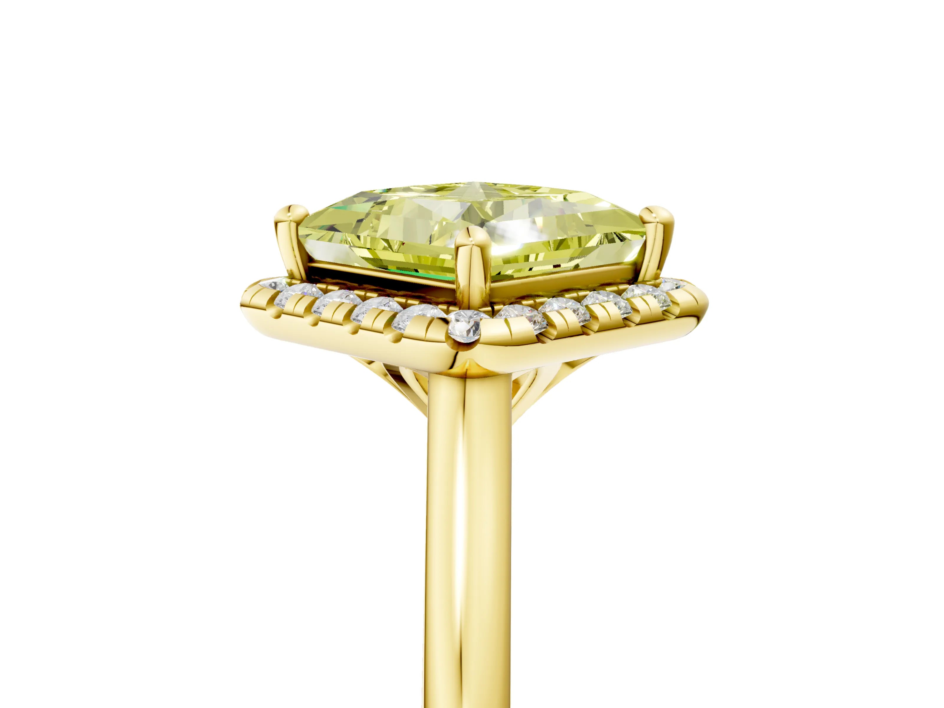 Yellow gold Fancy Yellow Princess Cut Halo Round Diamond Solitaire Engagement Ring with Pave Band and Four-Prong Setting_17