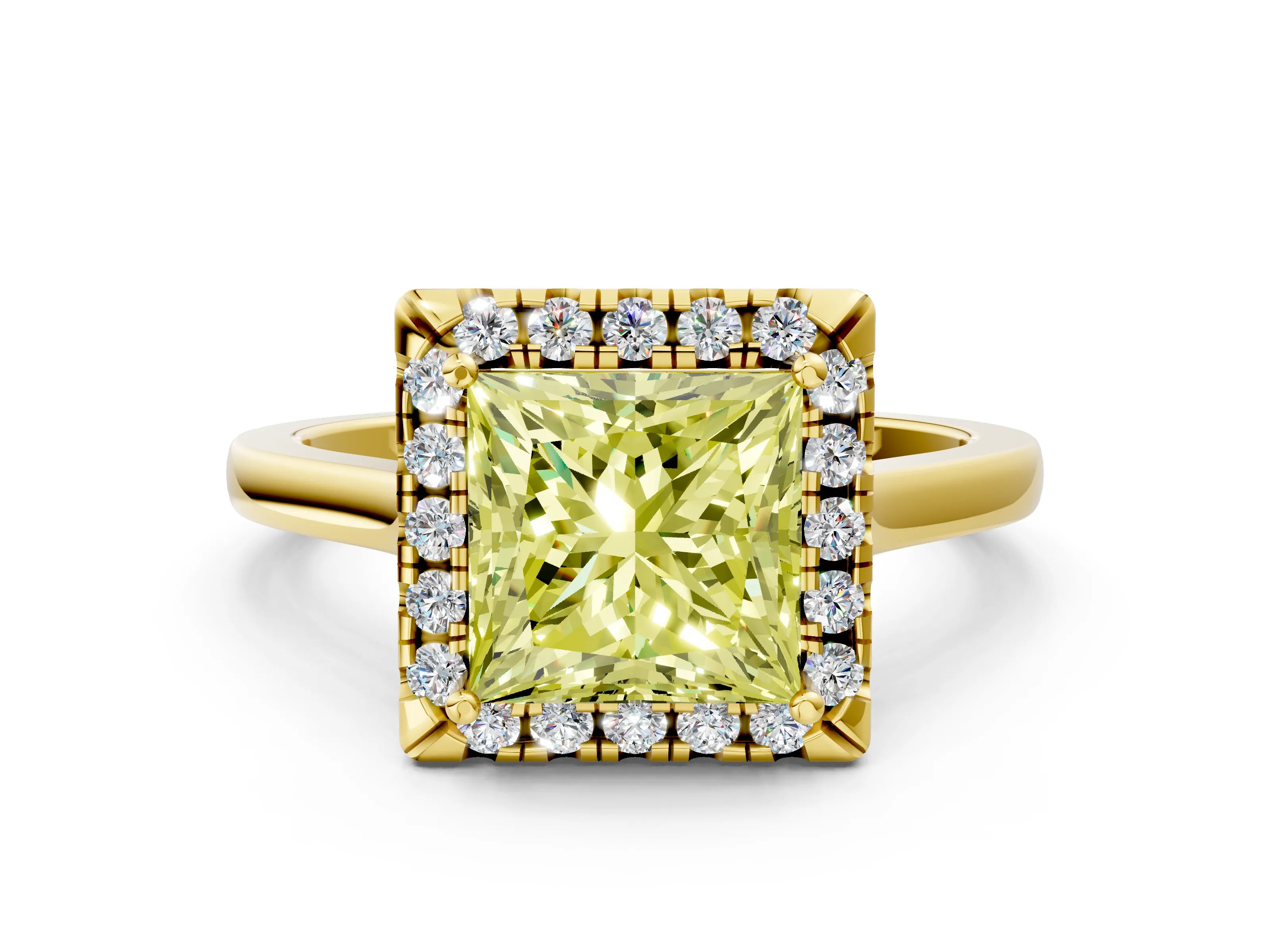 Yellow gold Fancy Yellow Princess Cut Halo Round Diamond Solitaire Ring with Pavé Band and Four-Prong Setting_13