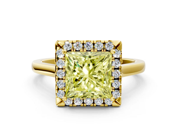 Yellow gold Fancy Yellow Princess Cut Halo Round Diamond Solitaire Ring with Pavé Band and Four-Prong Setting