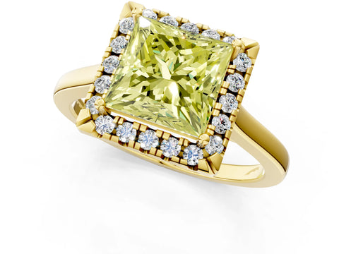 Yellow gold Fancy Yellow Princess Cut Halo Round Diamond Solitaire Ring with Pavé Band and Four-Prong Setting_14