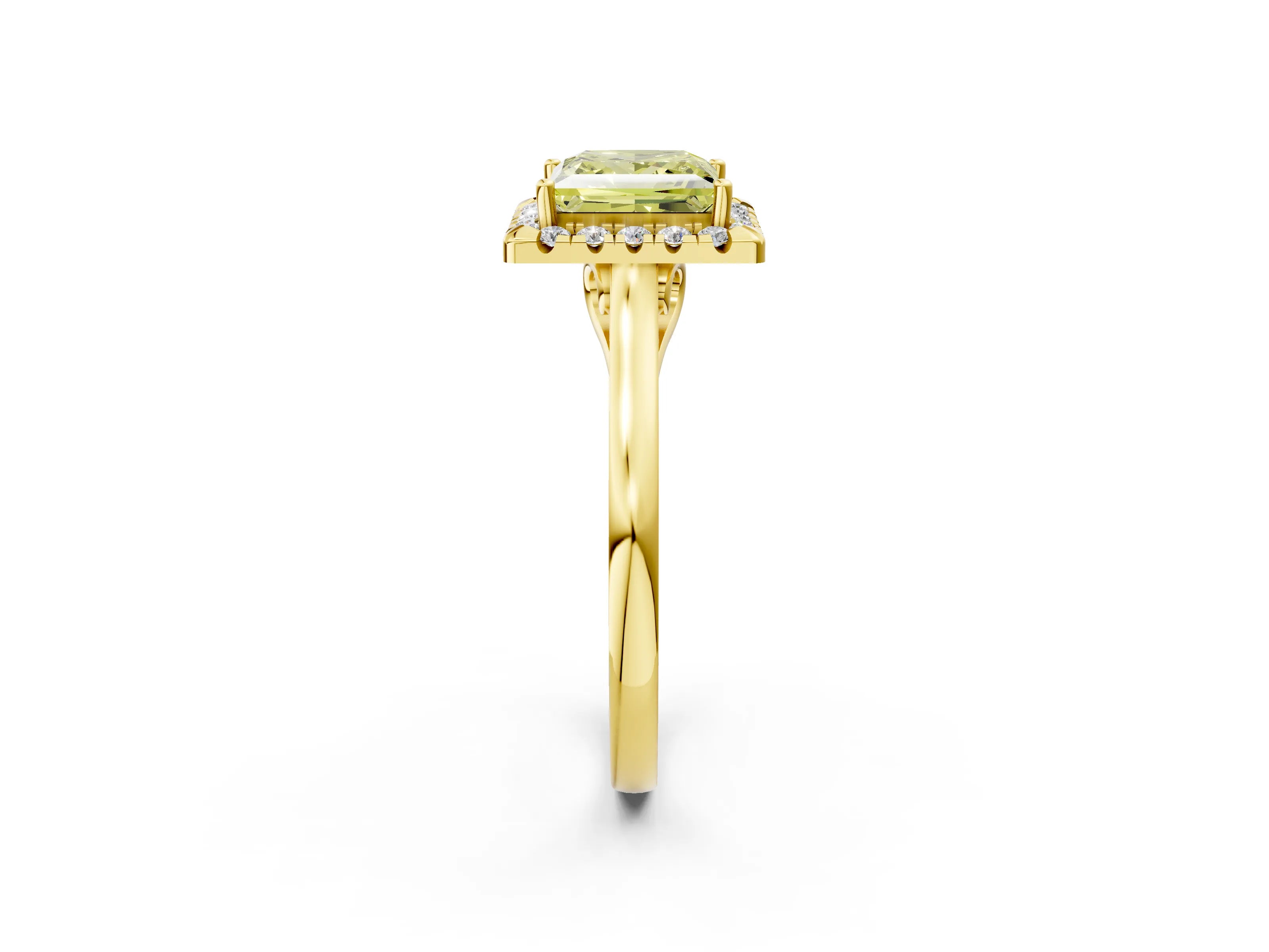 Yellow gold Fancy Yellow Princess Cut Halo Round Diamond Solitaire Ring with Pavé Band and Four-Prong Setting_15