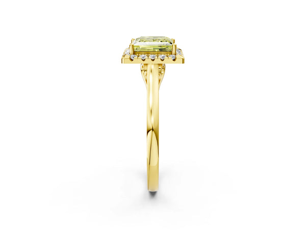 Yellow gold Fancy Yellow Princess Cut Halo Round Diamond Solitaire Ring with Pavé Band and Four-Prong Setting