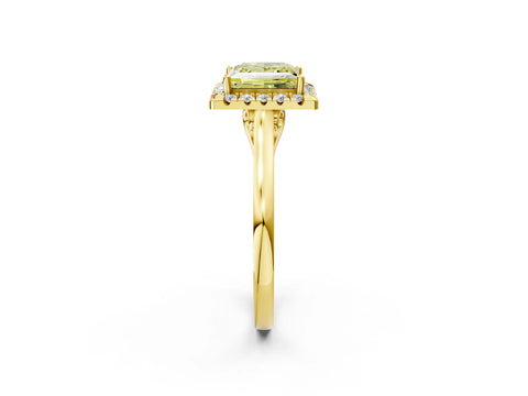 Yellow gold Fancy Yellow Princess Cut Halo Round Diamond Solitaire Ring with Pavé Band and Four-Prong Setting_15