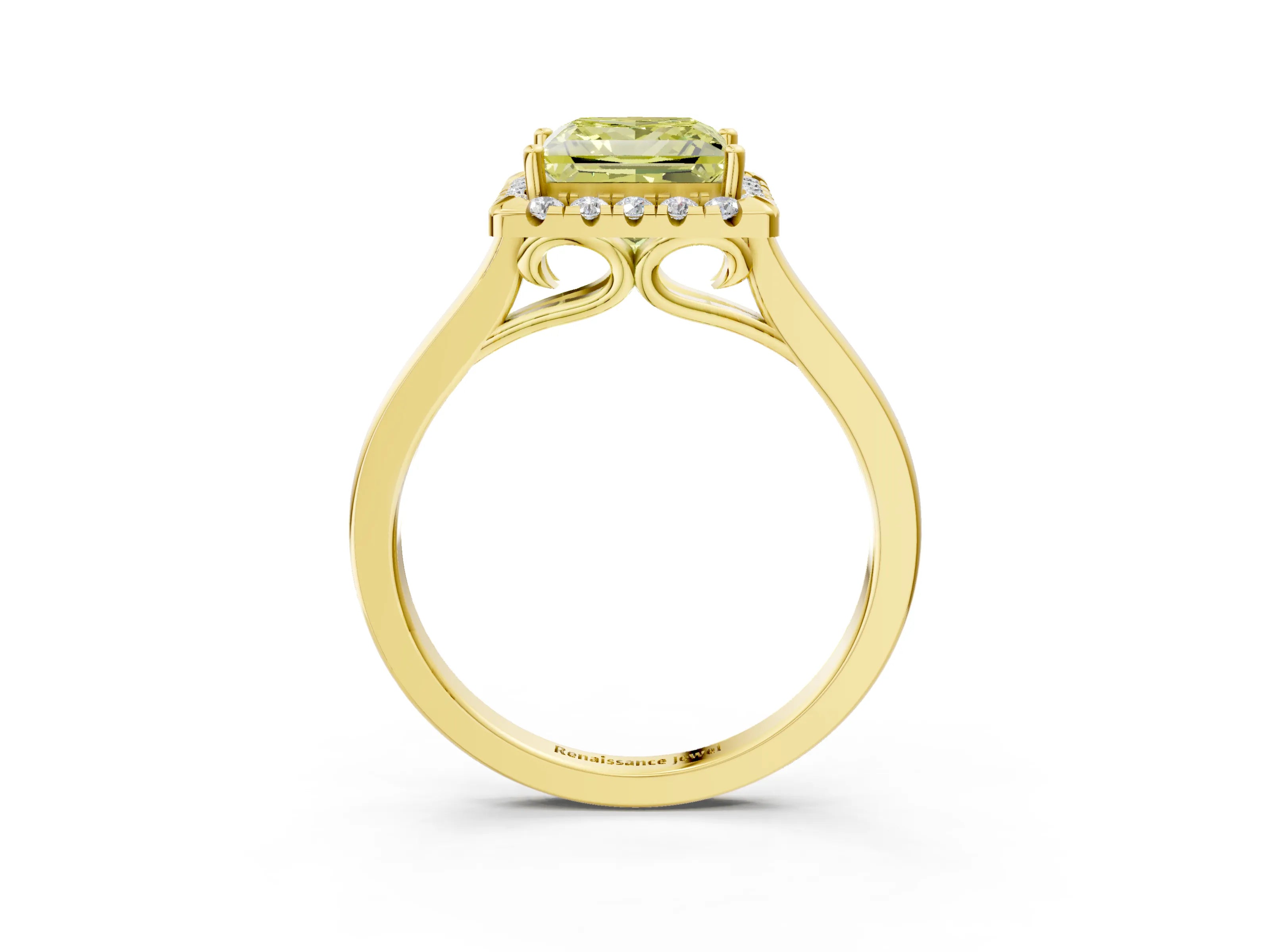 Yellow gold Fancy Yellow Princess Cut Halo Round Diamond Solitaire Ring with Pavé Band and Four-Prong Setting_16