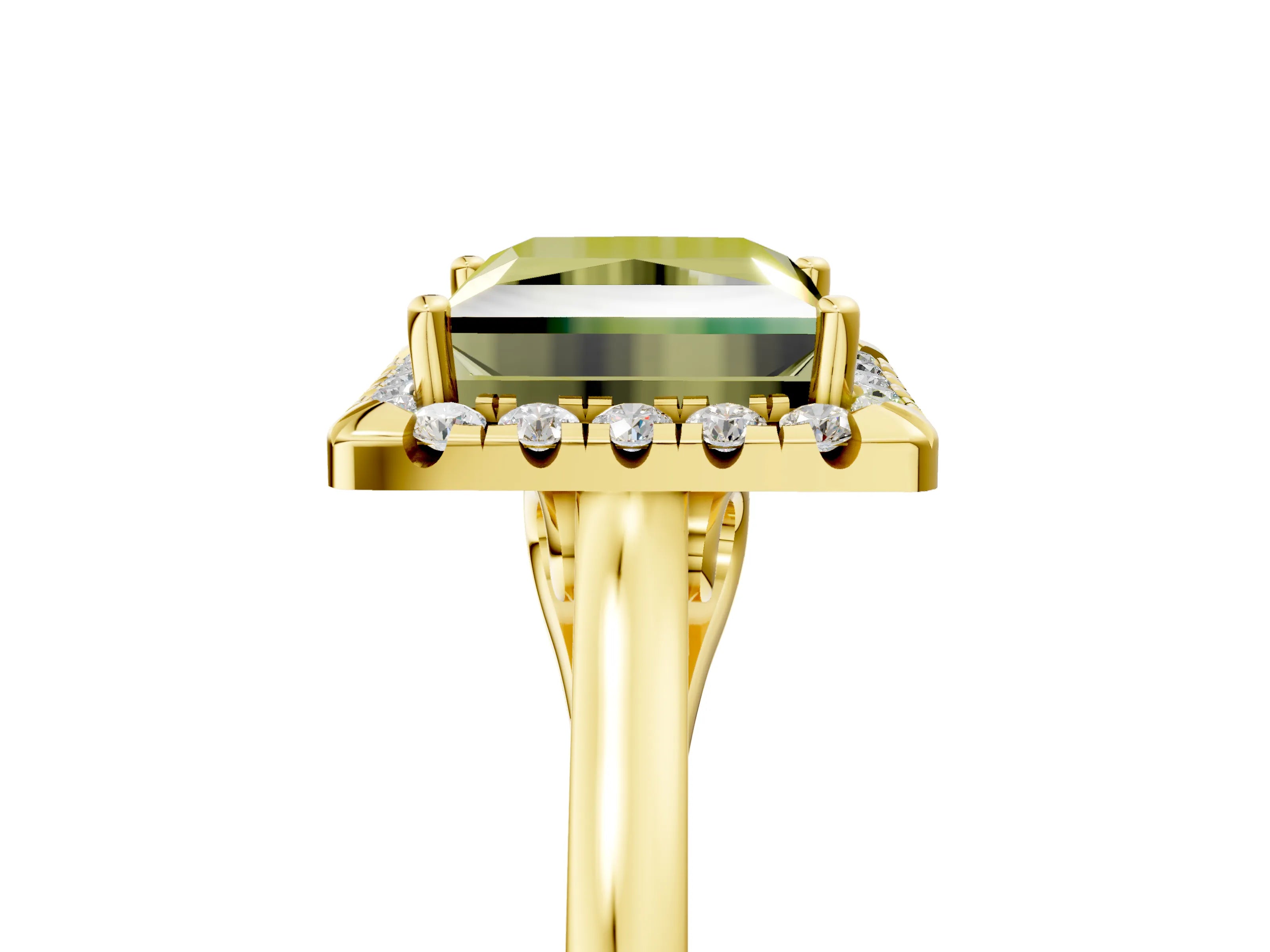 Yellow gold Fancy Yellow Princess Cut Halo Round Diamond Solitaire Ring with Pavé Band and Four-Prong Setting_17