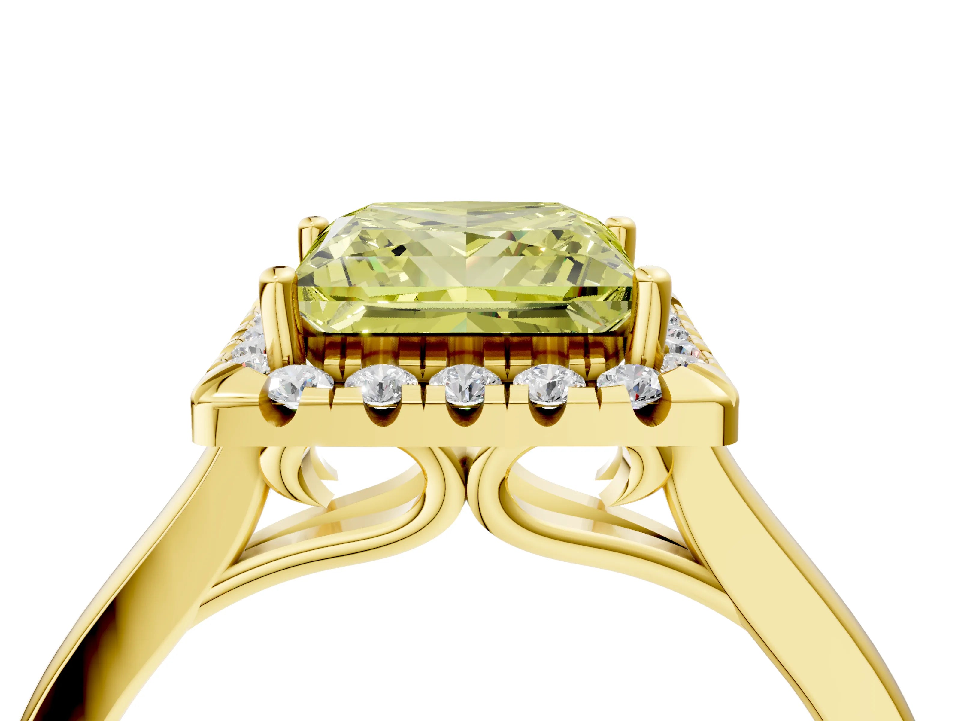 Yellow gold Fancy Yellow Princess Cut Halo Round Diamond Solitaire Ring with Pavé Band and Four-Prong Setting_17