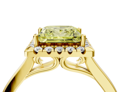 Yellow gold Fancy Yellow Princess Cut Halo Round Diamond Solitaire Ring with Pavé Band and Four-Prong Setting_17