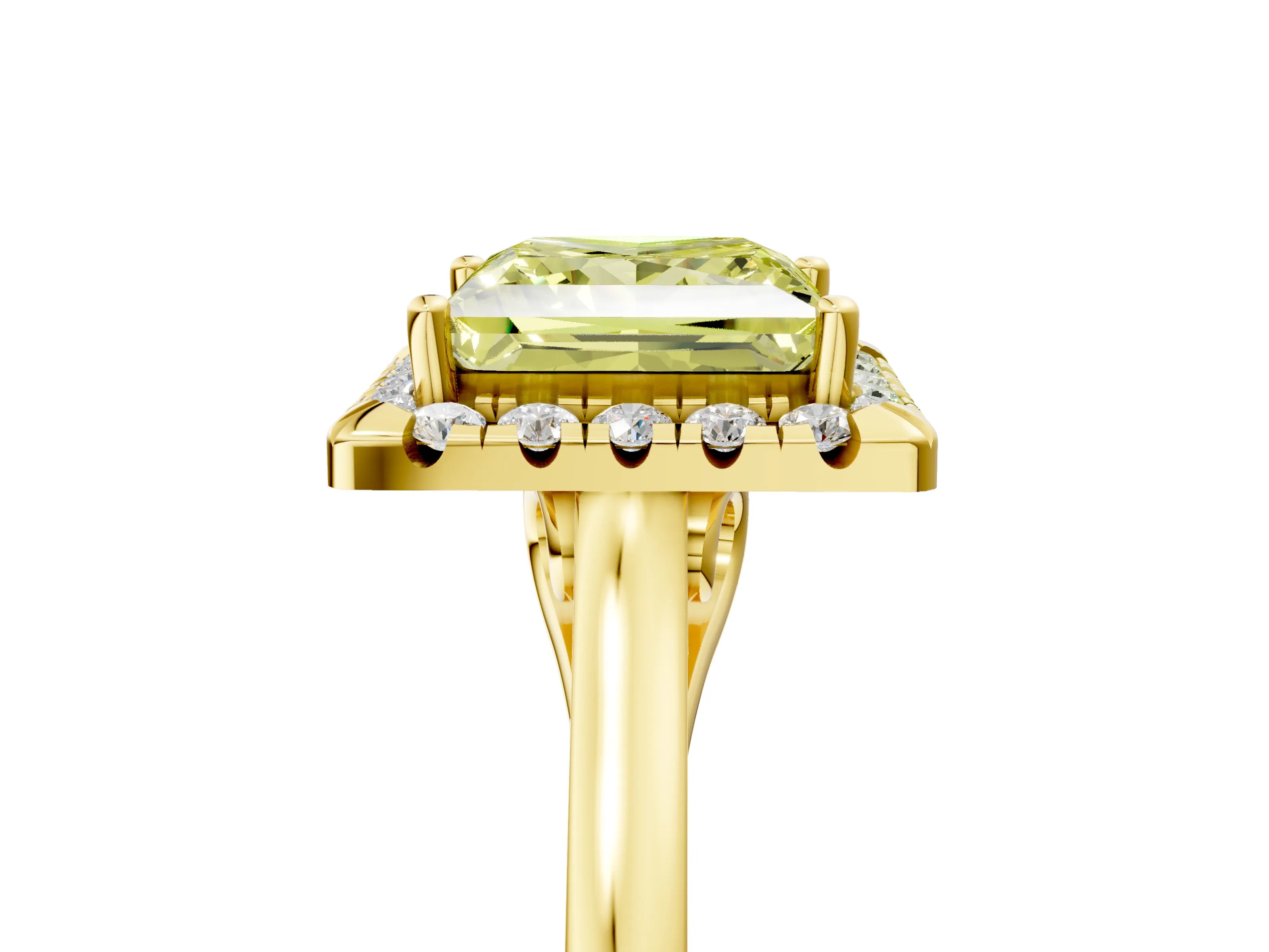 Yellow gold Fancy Yellow Princess Cut Halo Round Diamond Solitaire Ring with Pavé Band and Four-Prong Setting_18