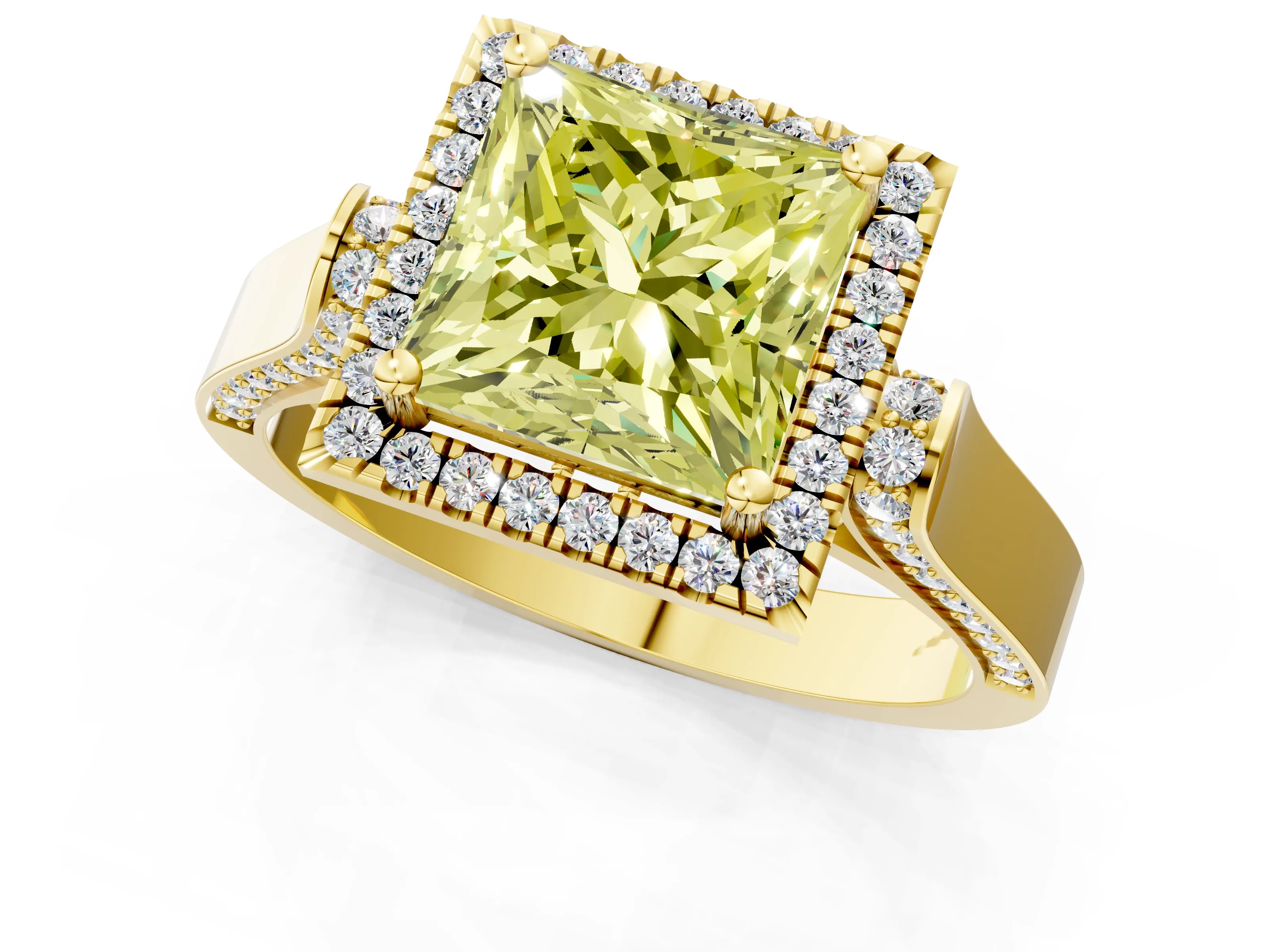 Yellow gold Fancy Yellow Princess Cut Halo Round Diamond Twist Band with Four-Prong Setting_1
